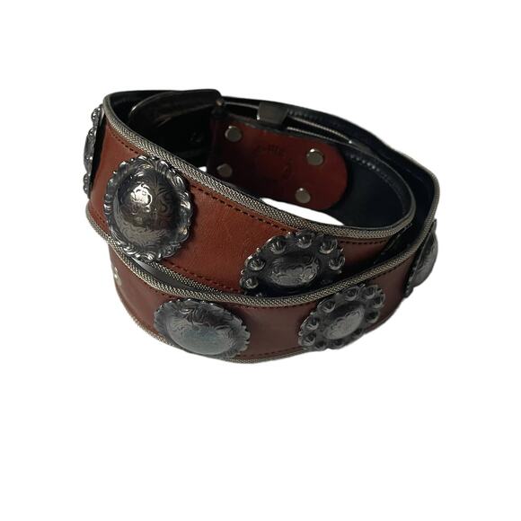 Vintage 1990s Boho Leather Medallion Belt Made in USA Brown Silver EUC - Picture 2 of 14